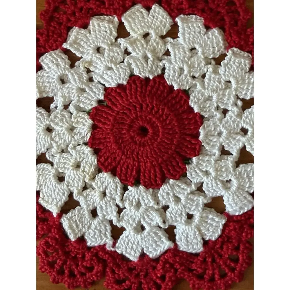 Vintage Crochet Floral Hot Pad Trivet Set Red White Handmade Kitchen Decor Pair
